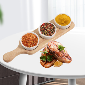 Rubber <strong>Wood</strong> Serving Tray with 3 Ceramic Bowls <strong>Wood</strong> <strong>Plate</strong> and Ceramic Dip Bowl Set - Product Image 4