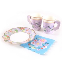 Fournitures pour fête du thé florale : Assiettes et serviettes jetables, tasses à thé avec poignée pour décorations d'anniversaire, de mariage et de fête prénuptiale