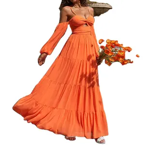 Chinese Supplier Chic Spaghetti Strap Tiered Ladys Modest Orange Maxi Long Cocktail Vestidos Women Elegant Summer Casual Dresses