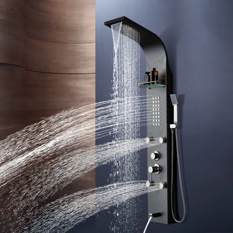 6 Fonction Robinet Douche Acier Inoxydable Salle De Bains Noir Pluie Cascade Pommeau De Douche Panneau Colonne De Douche