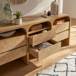 Commode à 6 tiroirs en bois naturel de style mi-siècle, commode en bois massif avec <span class=keywords><strong>patchwork</strong></span> et pieds coniques en bois pour chambre à coucher - Product Image 2