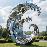 Grande sculpture métallique abstraite en acier inoxydable, motif vague océanique, finition miroir, pour plaza, fabrication sur mesure