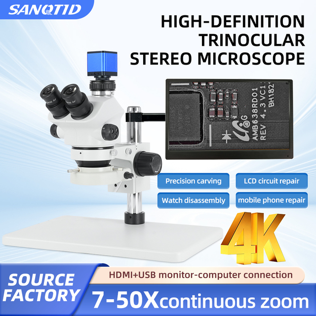 SANQTID TD-750P-HDMI 4K  Trinocular Digital Microscope Wireless LED Large Base Mobile Phone PCB LCD Circuit Repair Soldering