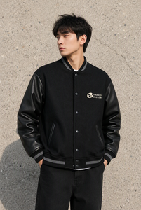 Chaqueta Bomber Varsity para Hombre, Mezcla de Lana, Cuello Alto Acanalado, Botones a Presión, Corte Regular, Invierno - Product Image 2