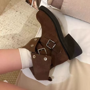 Brown Faux Suede Ankle Chelsea <b>Boots</b> Round Toe Buckle Strap Comfort Rubber Outsole Autumn Solid Color - Product Image 2
