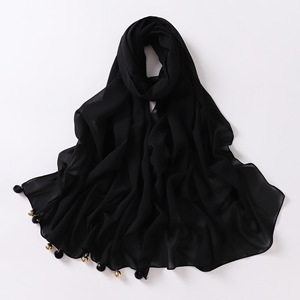 Hijabs en mousseline de soie de couleur unie avec boule poilue, nouvelle conception fantaisie, écharpe de tête musulmane islamique de luxe - Product Image 4