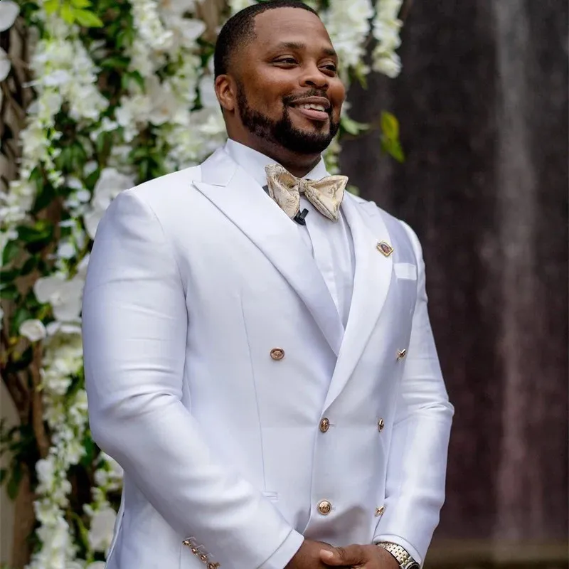 Men's Double Breasted White & Yellow Striped Blazer Suit - 6 Button Jacket For Wedding & Groomsmen