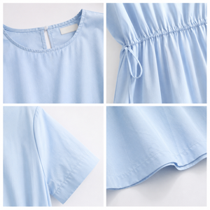 Light Blue O-Neck Loose Midi Dress With Drawstring <b>Elastic</b> Waist Short Sleeve Casual Summer Woven Cotton Solid Color Flared Hem - Product Image 2