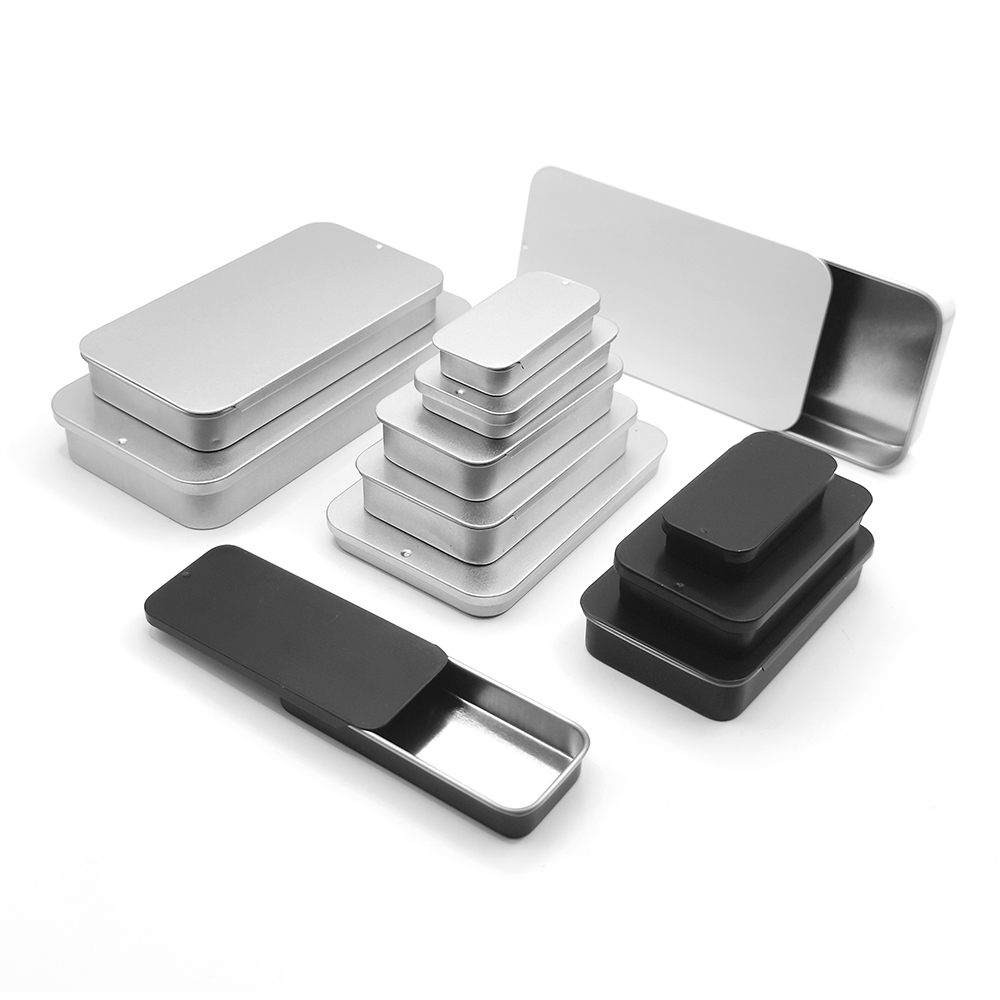 Caja de lata de embalaje deslizante de metal rectangular negro mate para alimentos 60ml contenedor de cajón deslizante cuadrado tarro de lata para dulces