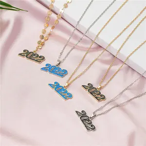 Enamel Gold Plated New Year 2023 Number Charm Pendant Necklace for Women Jewelry New Arrivals Fashion Black Blue Necklaces