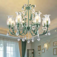 Lustre en fer forgé avec branches et cristaux verts, style pastoral méditerranéen, européen et coréen, pour salon et salle à manger, Meiyuan