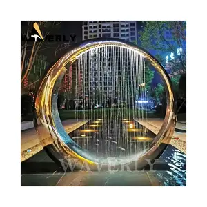 Décoration de jardin moderne, grand anneau d'art abstrait en métal, cercle, sculpture de fontaine en acier inoxydable miroir