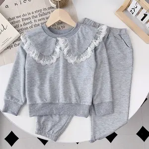 2023 Spring Autumn Toddler Girl Outfit Sets Solid Color Long Sleeve Lace Doll Collar Sweatshirt Pants 2Pcs Children Sportswear