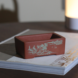 Pot à Bonsaï Rectangulaire en Zisha, Gravé Paysage Miniature, Bac de Style Chinois pour Bureau - Product Image 1