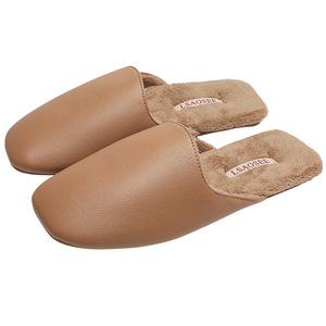 Chaussons élégants en cuir de couleur unie avec bordure en forme d'arc, doublure en polaire imperméable, semelle en caoutchouc antidérapante, pour couple, usage domestique - Product Image 5