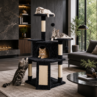 Structure d'escalade compacte pour chat à 3 niveaux de 102 cm avec panneau E1, niche en peluche, rampe en sisal et perchoirs, emballage en carton pour présentation en animalerie