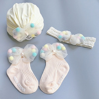 Topi bunga lucu bayi bulan penuh Set topi bayi pertama kaus kaki aksesori rambut putri dengan bunga untuk hadiah ulang tahun