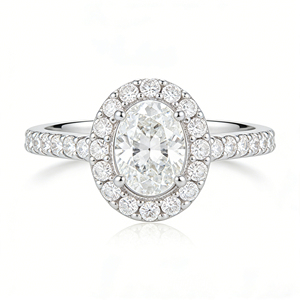 Bague de fiançailles en platine avec diamant ovale de 1 carat cultivé en laboratoire, halo et pierres latérales, bijoux classiques pour femmes certifiés IGI - Product Image 1
