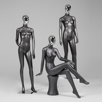 Maniquí Femenino de Fibra de Vidrio Negro Mate, Cuerpo Completo, Cabeza de Cristal Plateado Abstracto, Maniquí de Exhibición para Escaparate de Boutique