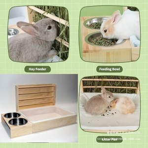 Mangeoire à lapin en bois avec porte-foin et bols à nourriture pour petits animaux, 53x28,5x27,5 cm, design rectangulaire durable - Product Image 4