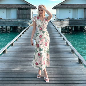 Retro Floral Print Ruffle Midi Dress V Neck Women Flowy Slim Fit Elegant Vacation Casual Summer Dress - Product Image 5