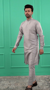 <b>Men</b> Silver-Grey Solid Dupion Silk Straight <b>Kurta</b> with Pajamas Traditional Ethnic Wear for Festive Occasions and Celebrations - Product Image 3
