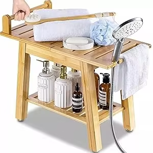 Non-Slip Aid Disability Handle Bamboo Shower Bench Stool Wooden Spa <strong>Seat</strong> 2-Tier <strong>Bathroom</strong> Organizer Shampoo Towel <strong>Storage</strong> Shelf - Product Image 5