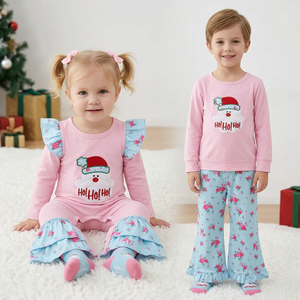 Ensemble de vêtements de noël pour petites filles, haut à manches longues avec imprimé du père noël, pantalon à fleurs, rose et bleu, tenue pour enfants - Product Image 1