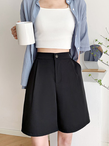 Femmes 2024 été noir <span class=keywords><strong>Cargo</strong></span> Shorts décontracté mi-long pantalon avec taille haute cinq points droit mince Look ample jambe large - Product Image 3