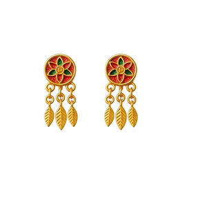 Ilan Flower Leaf Pendant Accessories <b>Gold</b> Red 2Pc <b>Dangle</b> <b>Earrings</b> - Product Image 2