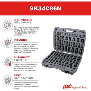 ชุดซ็อกเก็ต Ingersoll Rand 86 ชิ้น ขนาด 1/2 นิ้ว สำหรับงานอุตสาหกรรม ผลิตจากเหล็กอัลลอยด์เกรดสูง หัวหกเหลี่ยม - Product Image 2