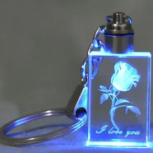 Honor of crystal Fashion Laser Etched Engraved Colorful Rose Flower Lover Key Chain Led Light Keychain With Car Logo Engraved