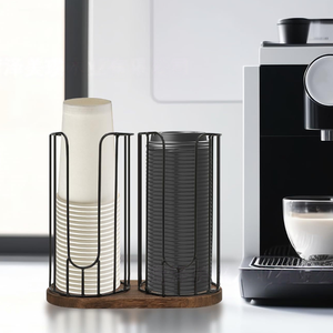 Dispensador de vasos de papel desechables de metal para encimera, organizador de estación de café, soporte para tapas, estante de almacenamiento con base de madera, venta al por mayor - Product Image 4