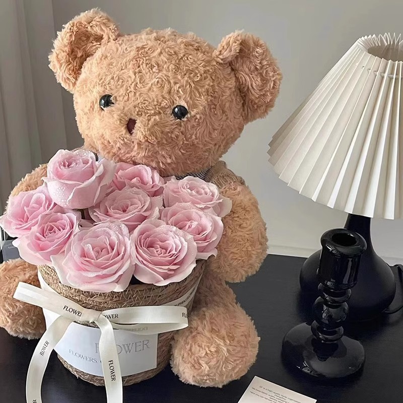 pink 11 roses flower pot teddy bear)