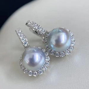 S925 <b>Silver</b> DIY <b>Pearl</b> Accessories Empty Ear Buckle <b>Silver</b> Jewelry <b>Earrings</b> with 9-10mm Round Beads 21884 - Product Image 2