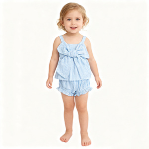 Maxine Abbigliamento Estivo per Bambini, Completo Due Pezzi Casual a Maniche Lunghe, Outfit Carino per Ragazze con Grande Fiocco in Seersucker - Product Image 2