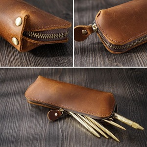 Estuche para bolígrafos con cremallera de cuero genuino Vintage Crazy Horse, estuche para lápices de papelería de cuero Real, regalos para hijo e hija - Product Image 3