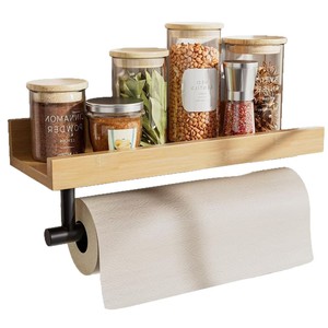 Wooden <b>Wall</b> Mount Shelf With Paper Holder <b>Storage</b> Rack For Kitchen Bathroom Multi Purpose Organizer Rectangle Shape - Product Image 5