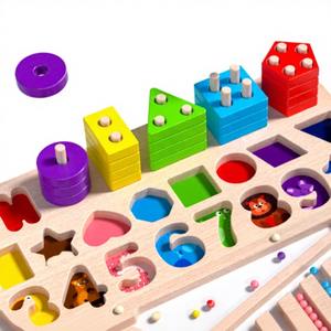 Planche d'apprentissage éducative en bois pour enfants avec des nombres, des formes, des couleurs, un abaque et des jouets <span class=keywords><strong>de</strong></span> puzzle <span class=keywords><strong>de</strong></span> style Montessori - Product Image 3