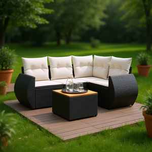 Cream White And Black Garden <b>Sofa</b> Set With Cushions 4 Seater <b>Rattan</b> Outdoor Furniture Contemporary Design - Product Image 2