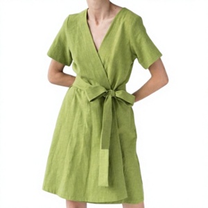Vestido midi de lino rosa para mujer, con cuello en V, manga corta, cinturón para atar en la cintura, elegante, informal, de verano, lino, venta al por mayor - Product Image 2