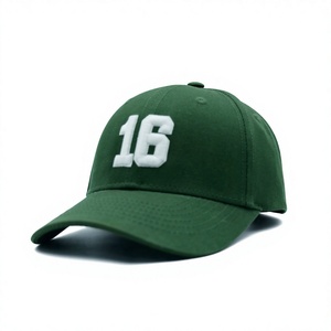 Gorra de Béisbol Verde de 6 Paneles, Unisex, de Algodón, Estilo Casual, Panel Frontal con Bordado del Número 16 en Blanco, Estilo Ajustado - Product Image 1