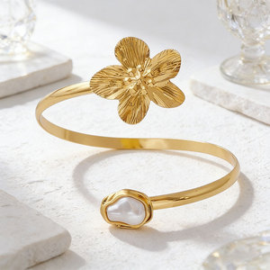 Gold Plated Flower <b>Cuff</b> Bracelet With Pearl Women's Bohemia Style Adjustable <b>Arm</b> Band Jewelry - Product Image 6