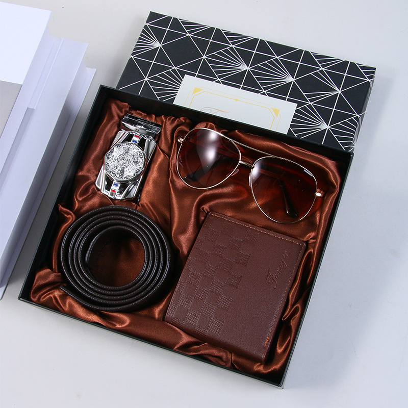 Ensemble curry 5 pièces-lunettes de soleil, ceinture à boucle automatique, portefeuille, coffret cadeau