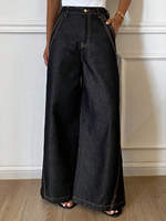 Jean palazzo taille haute pour femme, coupe ample, délavage foncé, avec surpiqûres contrastées, style western vintage, été