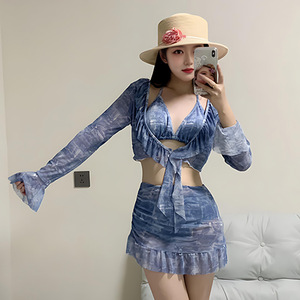 Traje de baño de manga larga para mujer, bikini con protección solar UPF50+ y cuello en V, color azul lago, para natación, deportes acuáticos y baile - Product Image 2