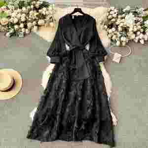 Vestido Midi Romántico de Primavera de Alta Calidad para Mujer, Talla Grande, con Mangas Abullonadas, Estilo Imperio, con Encaje y Parches, Vestidos Elegantes para Damas - Product Image 1