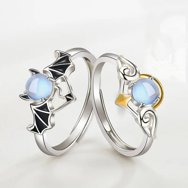 2PCS/Set Demon Angel Ring Paired Rings For Couples Men Goth Fashion Moonstone Adjust Ring Wedding Engagement Finger Jewelry