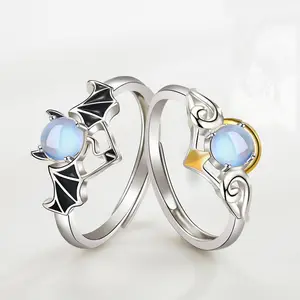 2PCS/Set Demon Angel Ring Paired Rings For Couples Men Goth Fashion Moonstone Adjust Ring Wedding Engagement Finger Jewelry