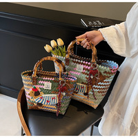 Sac Fourre-Tout d'Été pour Femme Fait Main Tressé avec Poignée, Broderie Logo Personnalisée Motif Chien, Sac de Plage en Paille de Rotin pour Shopping et Vacances